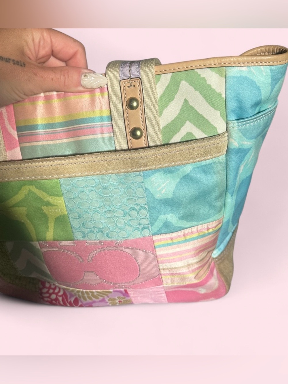 SOLD - rare vintage Y2K Coach Hamptons spring pastel patchwork tote bag - Picture 6 of 14